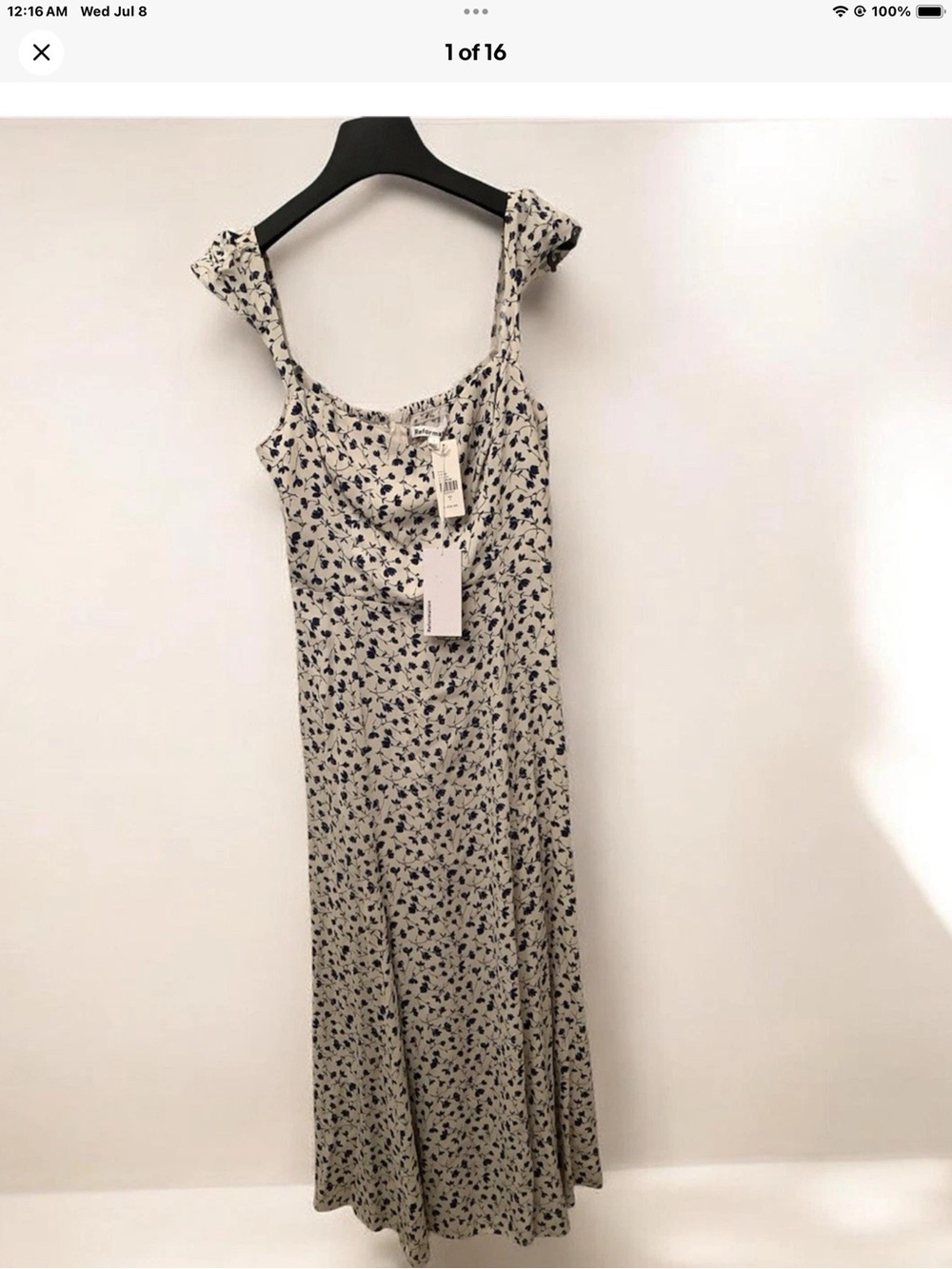 Reformation Bryson Midi Dress Sz 2 White Blue Floral Mykonos Sweetheart - Picture 14 of 14